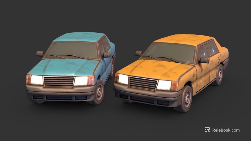 Two Blue and Yellow Vintage Cars with Classic Design and Retro Look 3d model 