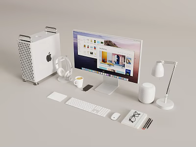 Modern White Desktop Computer Workstation With Monitor Keyboard Mouse Headphones And Desk Lamp 3d model