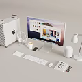 Modern White Desktop Computer Workstation With Monitor Keyboard Mouse Headphones And Desk Lamp