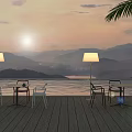 Outdoor Tables on Wooden Deck with Sunset Mountains Lake Chairs Floor Lamps and Palm Leaves