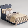 Blue Kids Bed With Bear Ear Headboard And Striped Bed Sheets 3d model