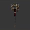 Mystical Staff Weapon Featuring Sunburst Design Central Eye Red Gold Accents and Intricate Carvings