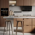 Modern Kitchen Interior With Bar Stools Wooden Cabinets And Island Counter