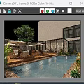 Luxurious Garden Landscape Featuring Swimming Pool Wooden Deck Wicker Chairs Glass Building And Trees