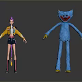 3D Animated Character Models With Purple Hair Girl And Blue Long Limb Monster