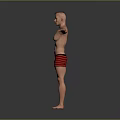 Bald Shirtless Man in Red Striped Shorts with Arms Outstretched Against Gray Background