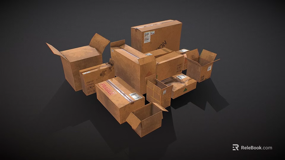 Open And Closed Brown Cardboard Boxes With Labels On Dark Background 3d model 