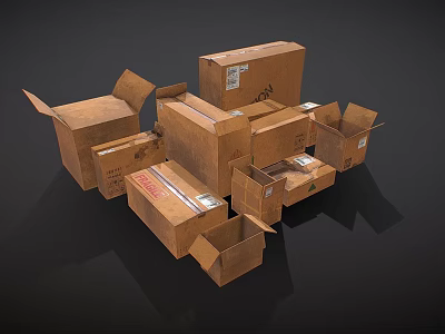 Open And Closed Brown Cardboard Boxes With Labels On Dark Background 3d model