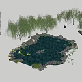 Serene Garden Pond Landscape With Willow Trees Rocks Lotus Leaves And Pathway