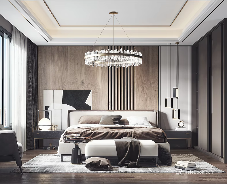 Modern Bedroom Interior Design With Crystal Chandelier Wooden Wall Bed Nightstands And Rug 3d model 