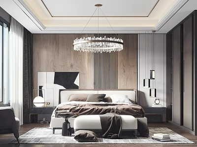 Modern Bedroom Interior Design With Crystal Chandelier Wooden Wall Bed Nightstands And Rug 3d model