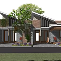 Modern Detached Villa Exterior With Sloped Roof Brick Stone Walls And Front Yard Greenery