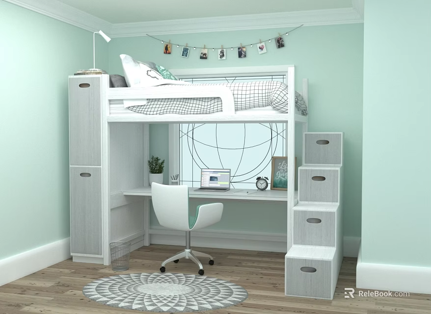 Kids Room with Light Green Walls White Loft Bed Desk Chair Globe and Photo String 3d model 