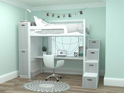 Kids Room with Light Green Walls White Loft Bed Desk Chair Globe and Photo String 3d model