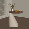 Modern Side Table With Round Wooden Top White Base Fresh Flowers And Fruits