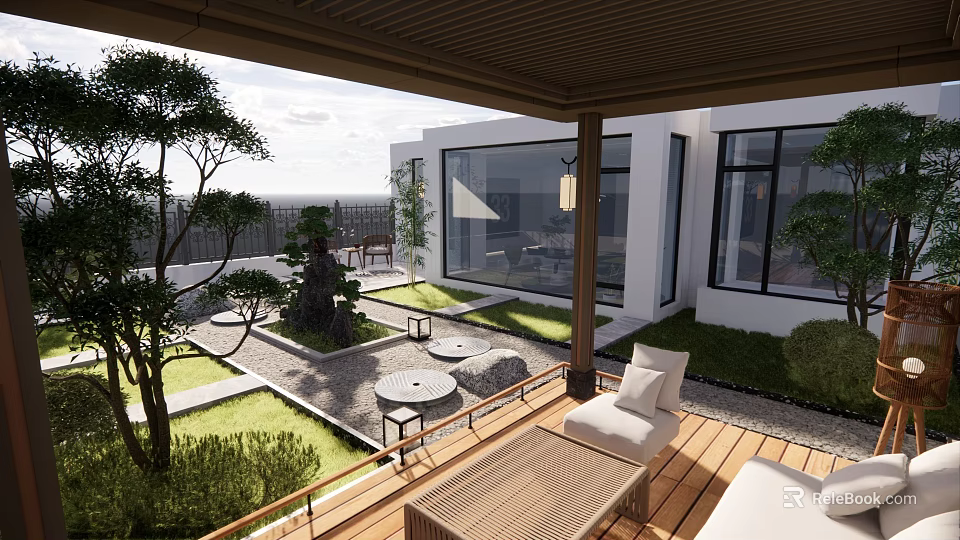 Modern Garden Landscape With Wooden Terrace Green Plants And Stone Furniture 3d model 