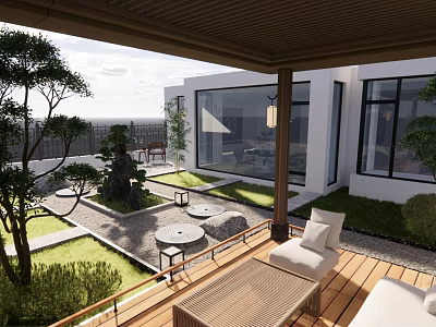 Modern Garden Landscape With Wooden Terrace Green Plants And Stone Furniture 3d model