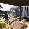 Modern Garden Landscape With Wooden Terrace Green Plants And Stone Furniture