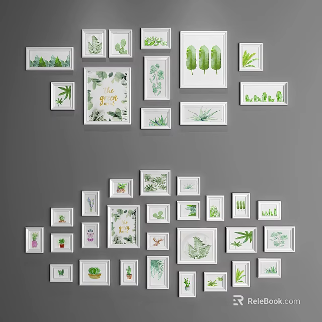 Framed Plant Paintings Collection With Various Botanical Patterns On Wall 3d model