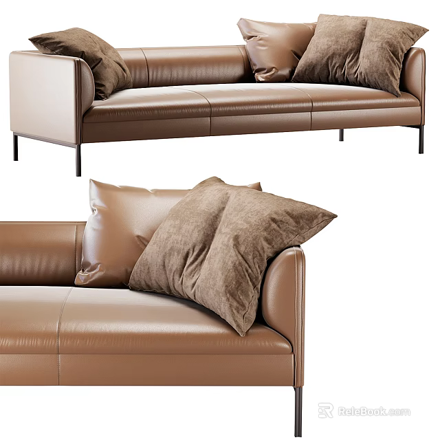 Stylish Modern Brown Leather Three Seater Sofa With Soft Decorative Pillows 3d model