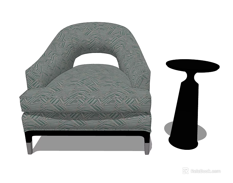 Modern Single Sofa Featuring Geometric Patterned Fabric Curved Armrests Black Legs and Round Side Table 3d model