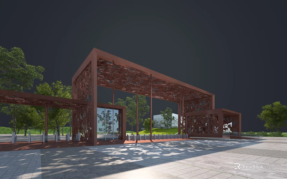 Modern Architectural Entrance Gate With Intricate Latticework And Glass Panels 3d model 