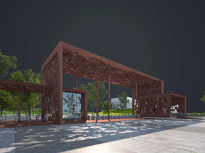 Modern Architectural Entrance Gate With Intricate Latticework And Glass Panels 3d model