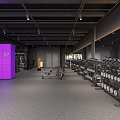 Modern Gym Interior With Various Fitness Equipment Purple Lighting Spacious Workout Area And Gray Flooring