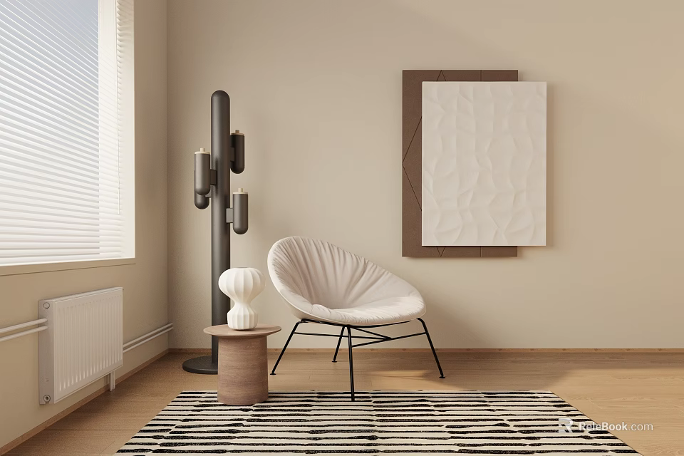 Leisure Chair in Modern Minimalist Room with Floor Lamp Small Table Decorative Painting and Striped Rug 3d model 