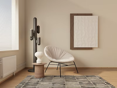 Leisure Chair in Modern Minimalist Room with Floor Lamp Small Table Decorative Painting and Striped Rug 3d model