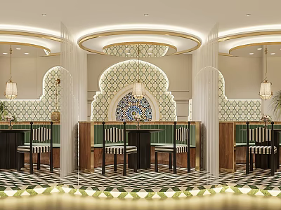 Moroccan Inspired Restaurant Interior With Arched Patterns Striped Chairs And Circular Lighting 3d model