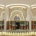 Moroccan Inspired Restaurant Interior With Arched Patterns Striped Chairs And Circular Lighting