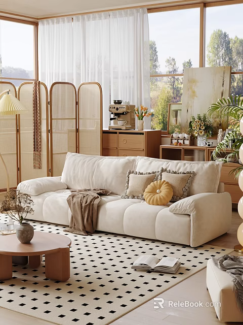 Cozy Living Room Interior With Beige Sofa Pillows Blanket Floor Lamp And Coffee Table 3d model 