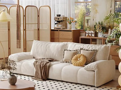 Cozy Living Room Interior With Beige Sofa Pillows Blanket Floor Lamp And Coffee Table 3d model