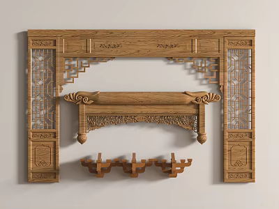 New Chinese style carved corner flower carved lintel carved crossbeam wood beam line 3d model