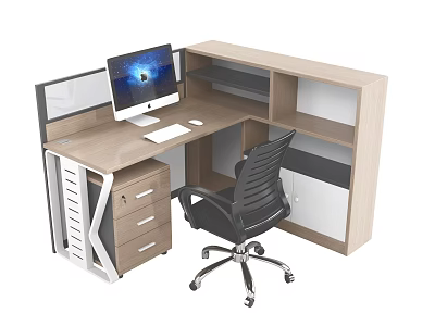 School Office Workstation With L Shaped Desk Computer Office Chair Drawer Cabinet And Shelves 3d model