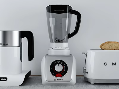 Essential Kitchen Appliances Including Bosch Electric Kettle Blender and Toaster with Bread 3d model