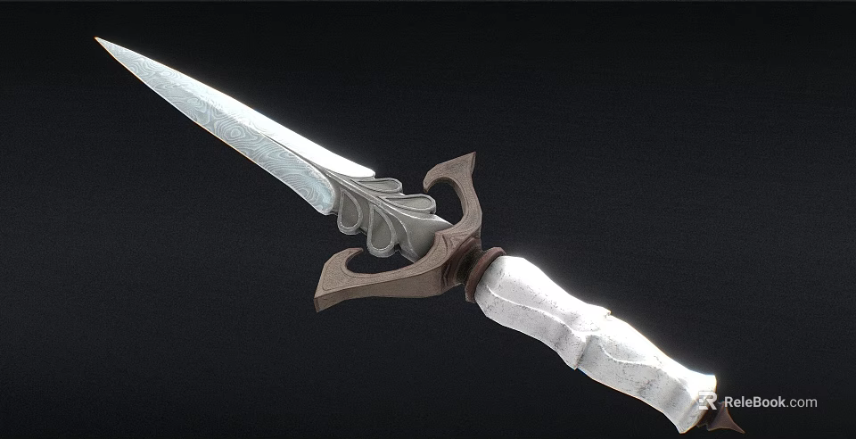 Decorative Medieval Sword With Silver Engraved Blade Feathered Hilt Guard And White Wrapped Handle 3d model 