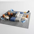 Modern Modular Sofa and Coffee Table Set with Multicolored Chairs and Stools on Gray Rug 3d model