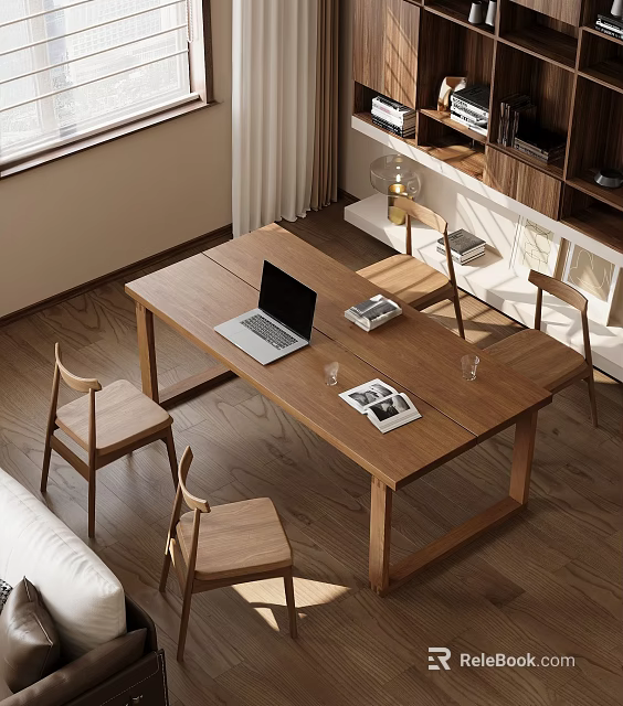 Natural Wooden Desk Workspace With Laptop Books Glass And Wooden Chairs Near Window And Bookshelf 3d model 