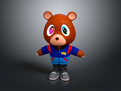 3D Brown Cartoon Bear With Colorful Eyes Blue Red Jacket And Gray Shoes 3d model