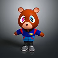 3D Brown Cartoon Bear With Colorful Eyes Blue Red Jacket And Gray Shoes