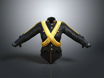Black Leather Military Style Jacket With Golden Sash Buttons And Epaulets 3d model