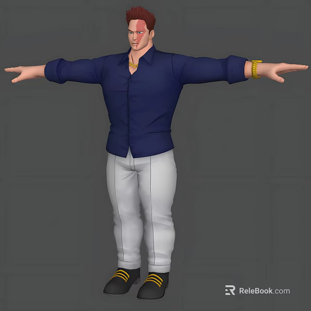 Man in Dark Blue Shirt White Pants with Arms Outstretched Gold Bracelet Grey Background 3d model 