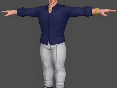 Man in Dark Blue Shirt White Pants with Arms Outstretched Gold Bracelet Grey Background 3d model