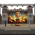 Ancient Battle Themed Stage With Warrior Statue Golden Lights Background Inscription Stone Decorations And Steps