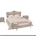 Elegant Classic Double Bed with Ornate Carved Headboard Decorative Pillows Matching Nightstands and Upholstered Footstool