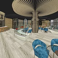 Modern Restaurant Interior With Hanging Lights White Chairs Blue Cushions And Wooden Tables