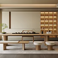 Elegant Tea Room Interior With Long Wooden Table Tea Sets Shelves And Green Plant