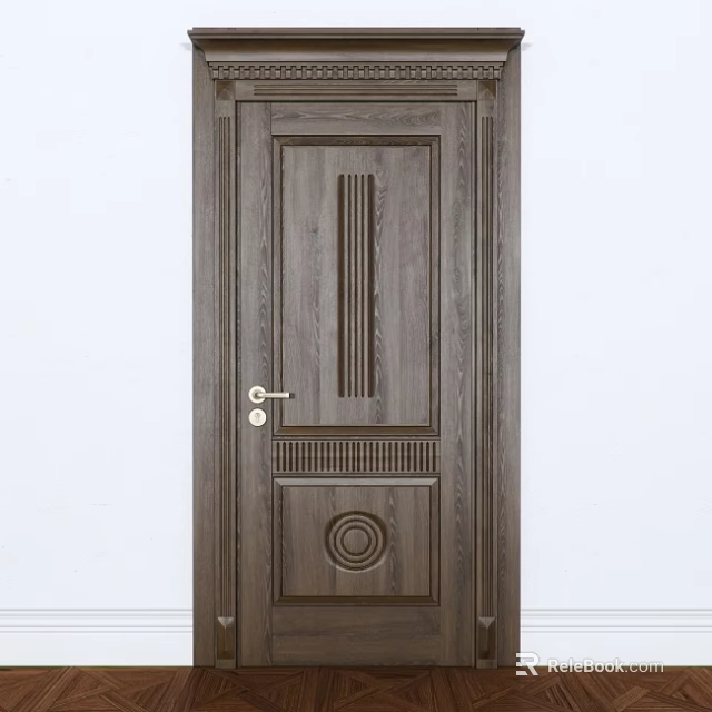 Wooden Swing Door with Vertical Stripes Circular Panel Golden Handle Modern Design Solid Wood Texture 3d model 